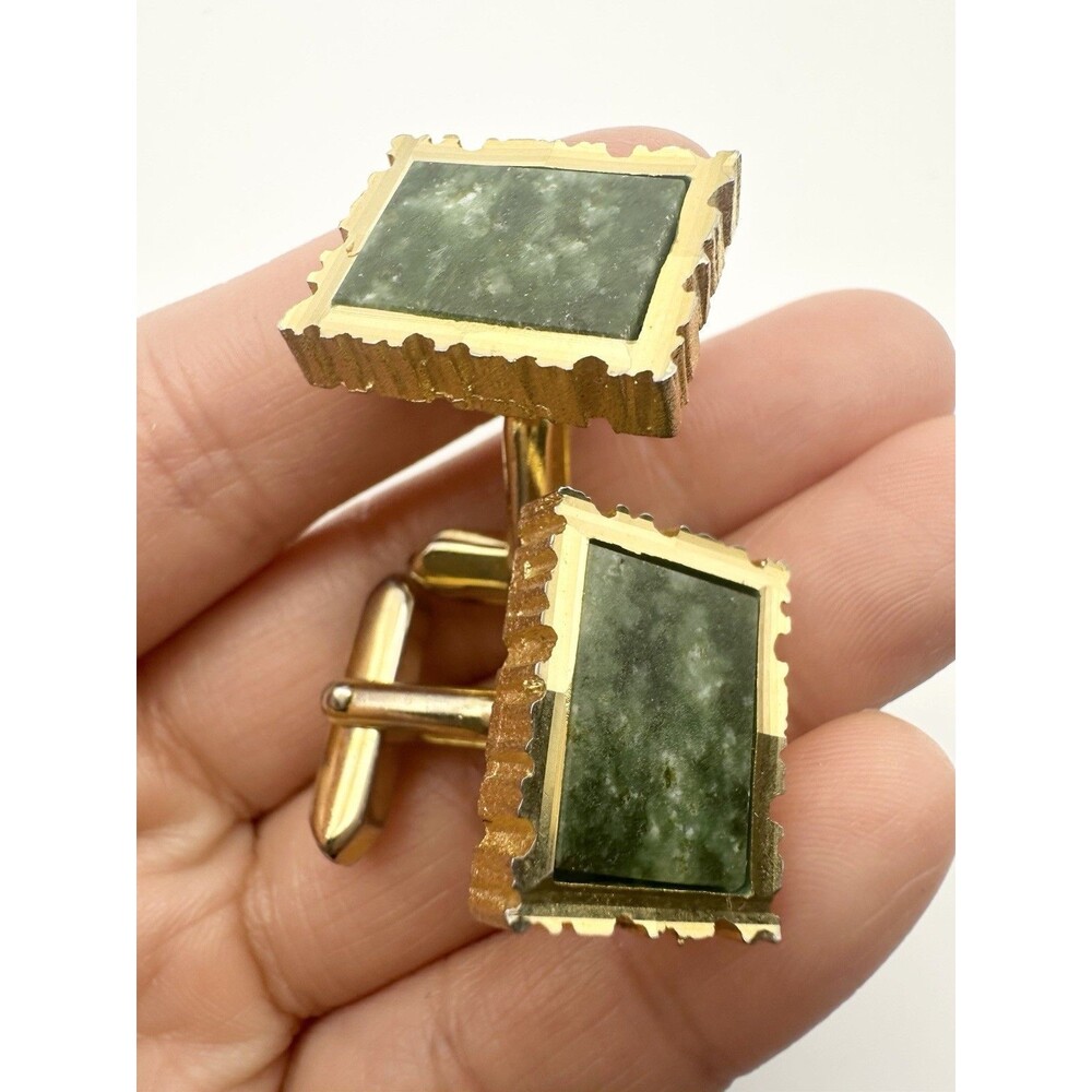 Vintage Gold Tone Green Nephrite Jade Cufflinks